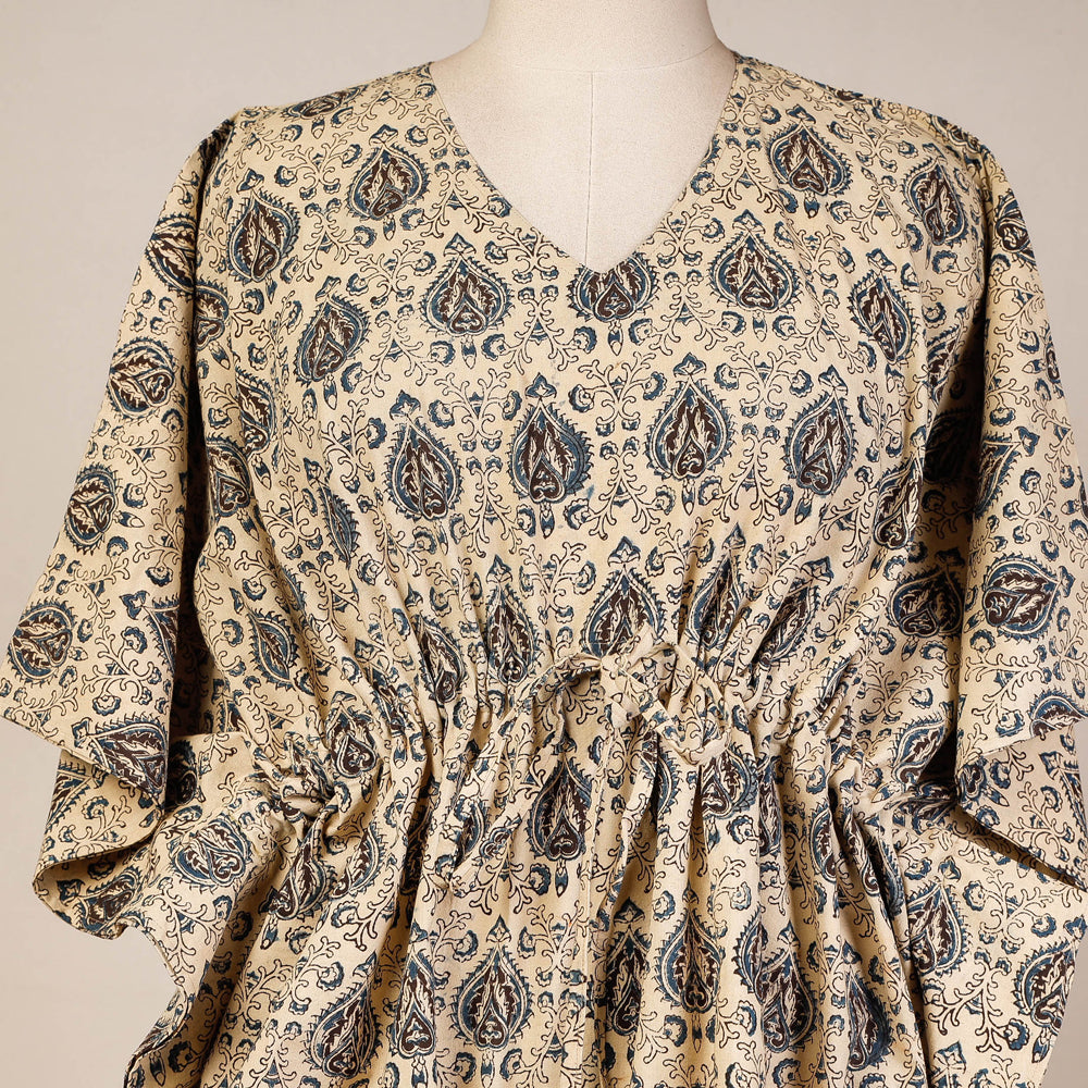 Beige Block Print Cotton Kalamkari Kaftan with Tie-Up Waist