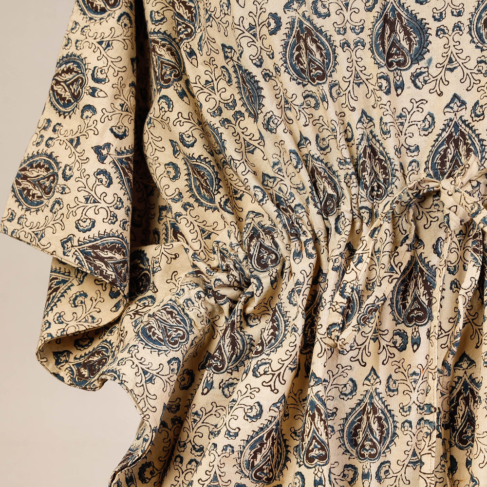 Beige Block Print Cotton Kalamkari Kaftan with Tie-Up Waist