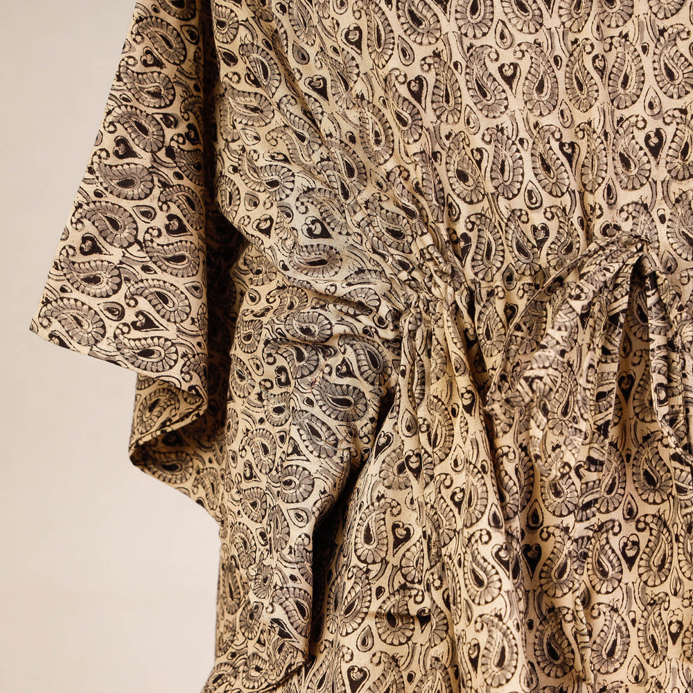 Beige Block Print Cotton Kalamkari Kaftan with Tie-Up Waist
