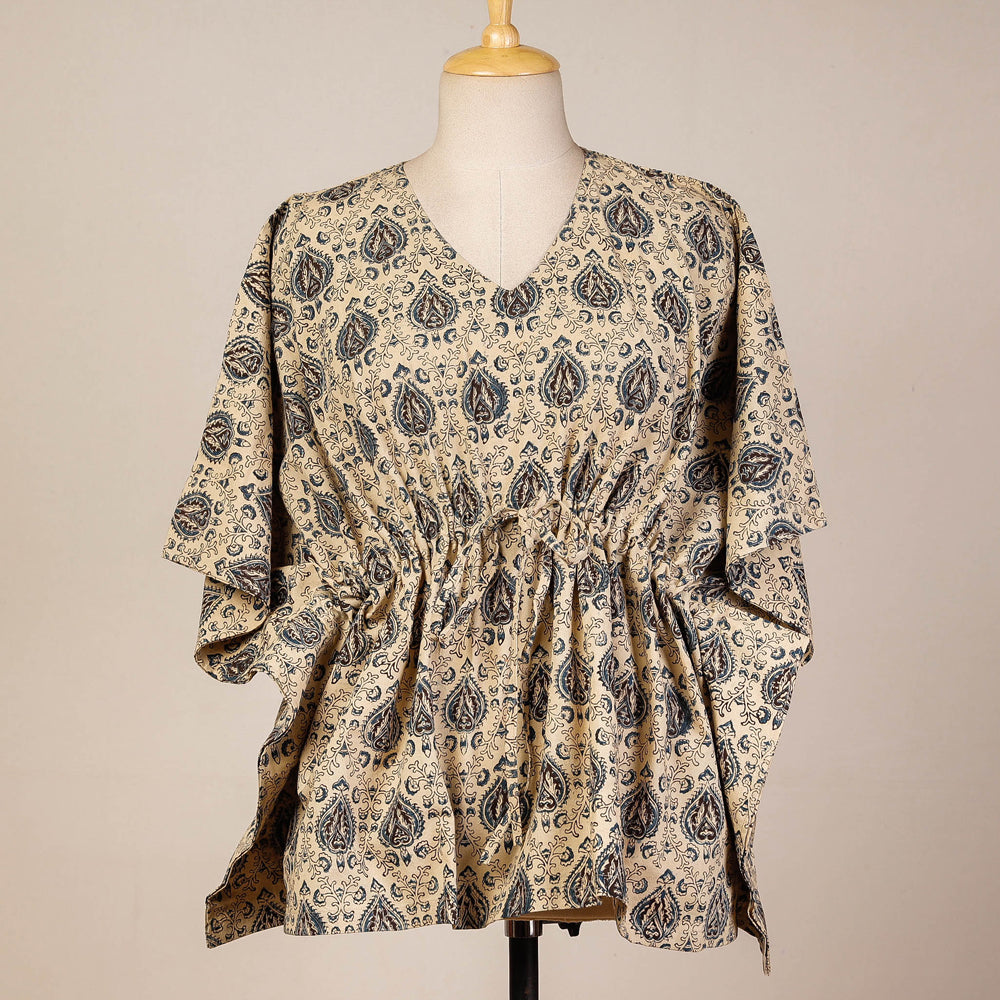 Beige Block Print Cotton Kalamkari Kaftan with Tie-Up Waist