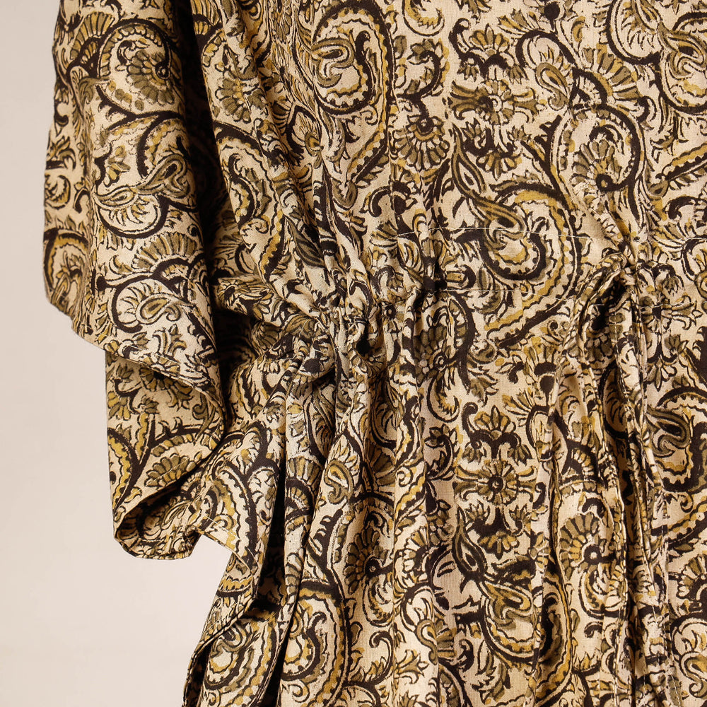 Beige Block Print Cotton Kalamkari Kaftan with Tie-Up Waist