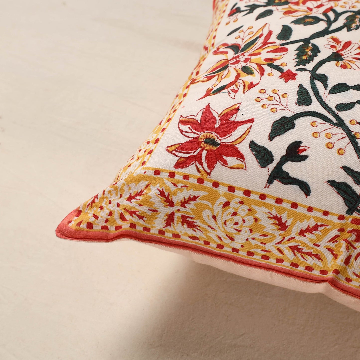 Beige - cotton sanganeri floral cushion cover (16 x 16 in)