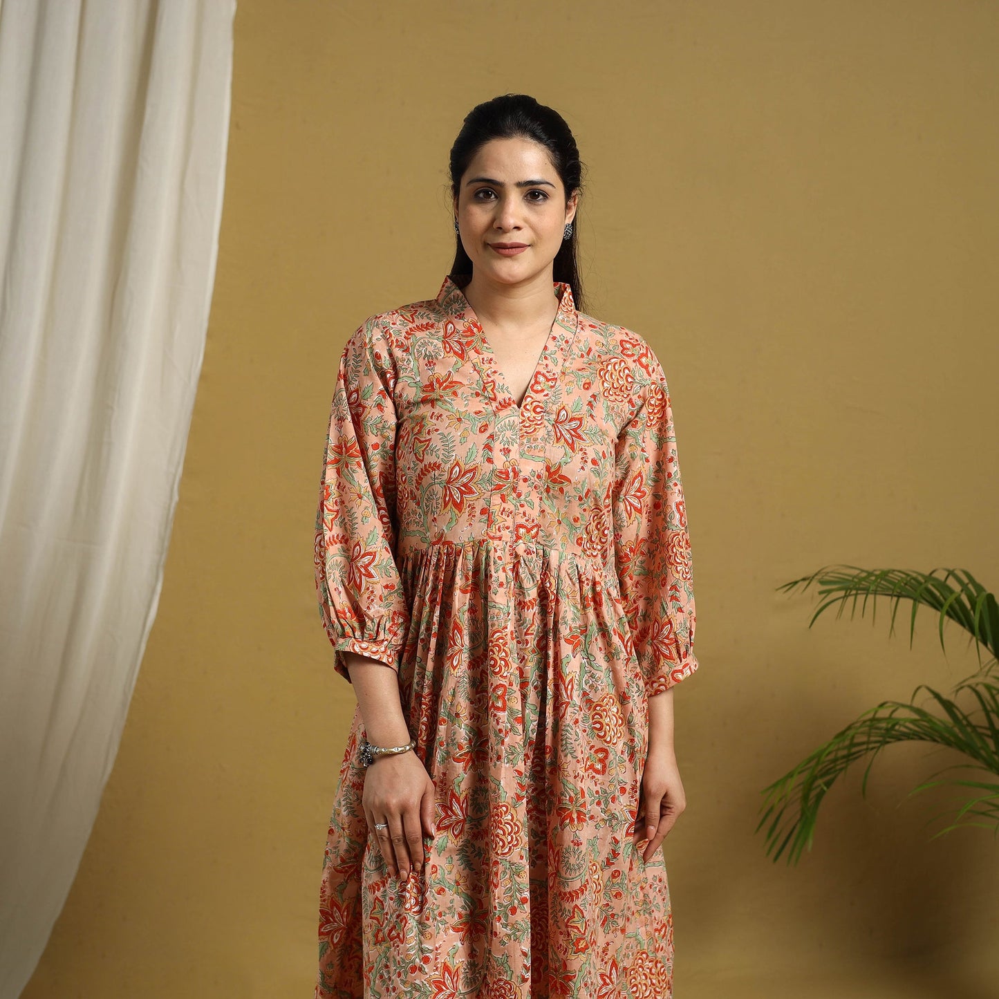 Beige Block Print Cotton Tiered Sanganeri Dress