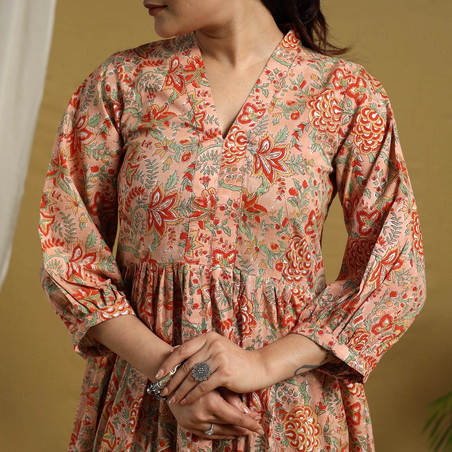 Beige Block Print Cotton Tiered Sanganeri Dress