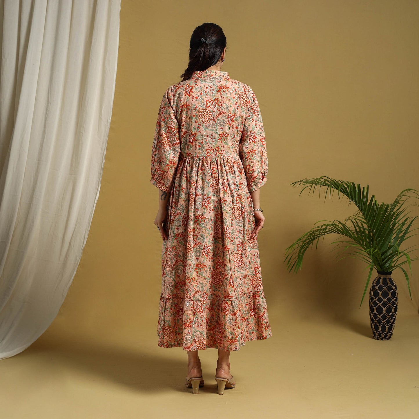 Beige Block Print Cotton Tiered Sanganeri Dress