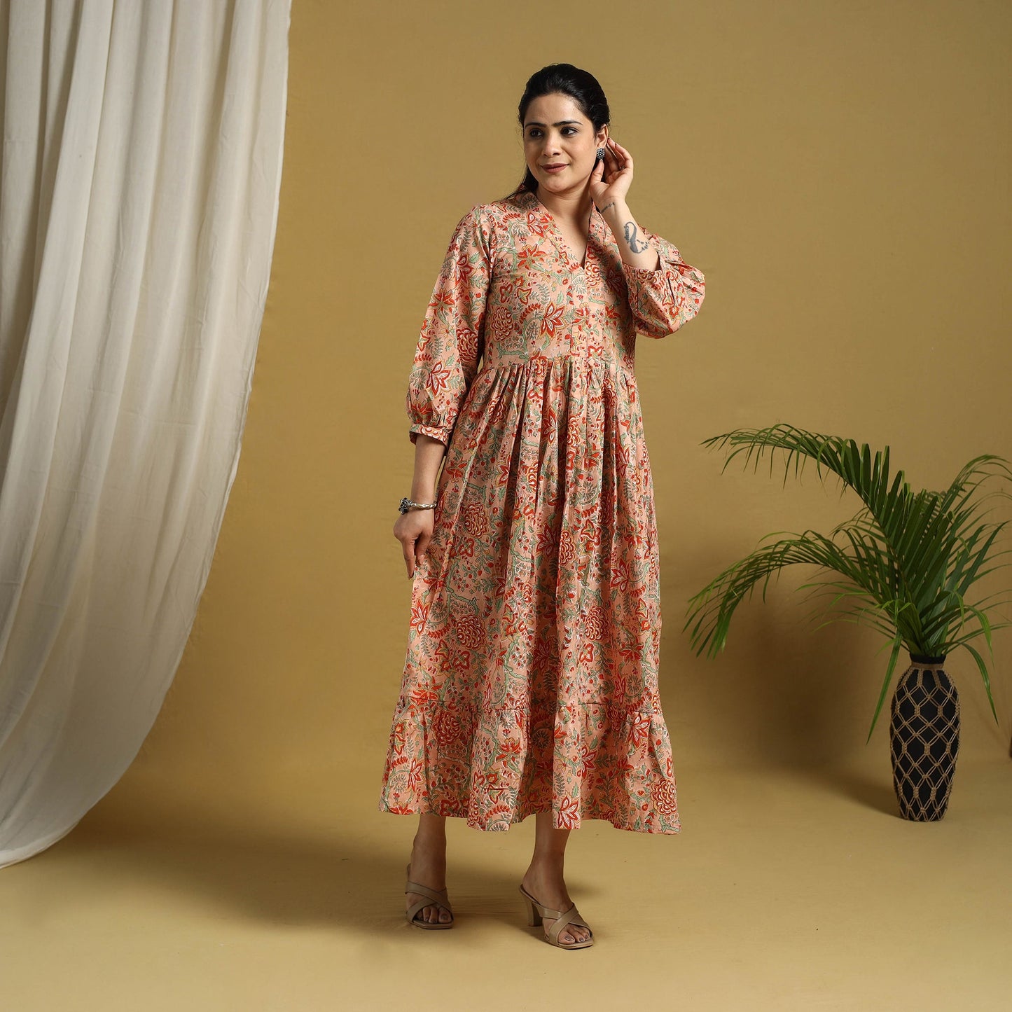 Beige Block Print Cotton Tiered Sanganeri Dress