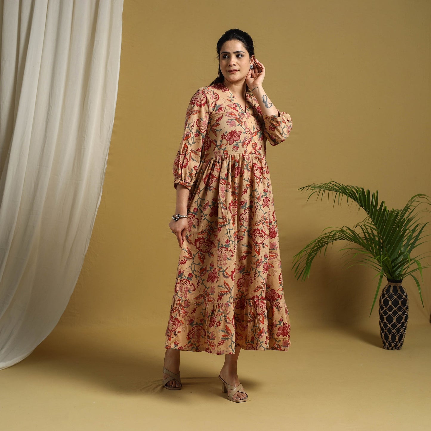 Beige Block Print Cotton Tiered Sanganeri Dress