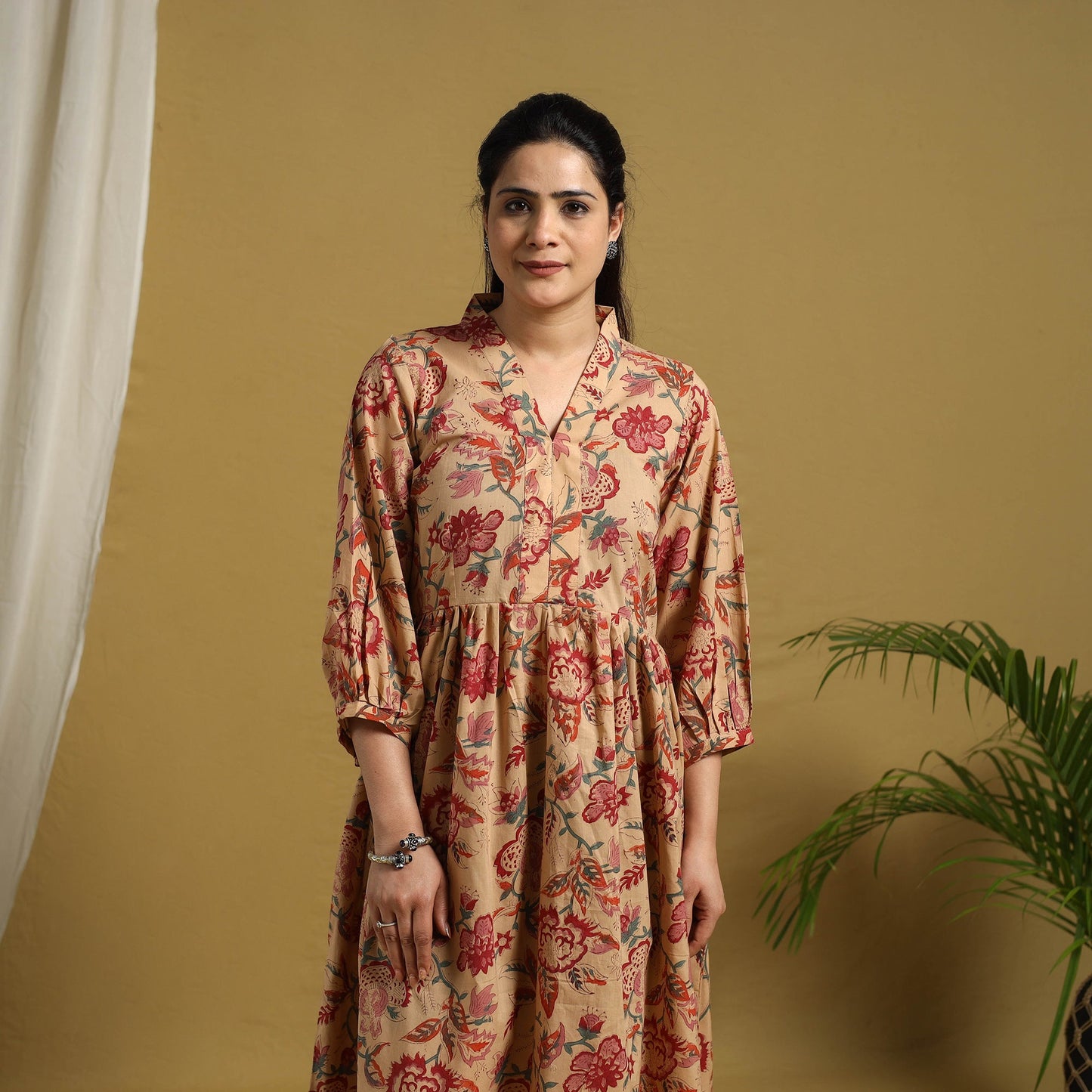 Beige Block Print Cotton Tiered Sanganeri Dress