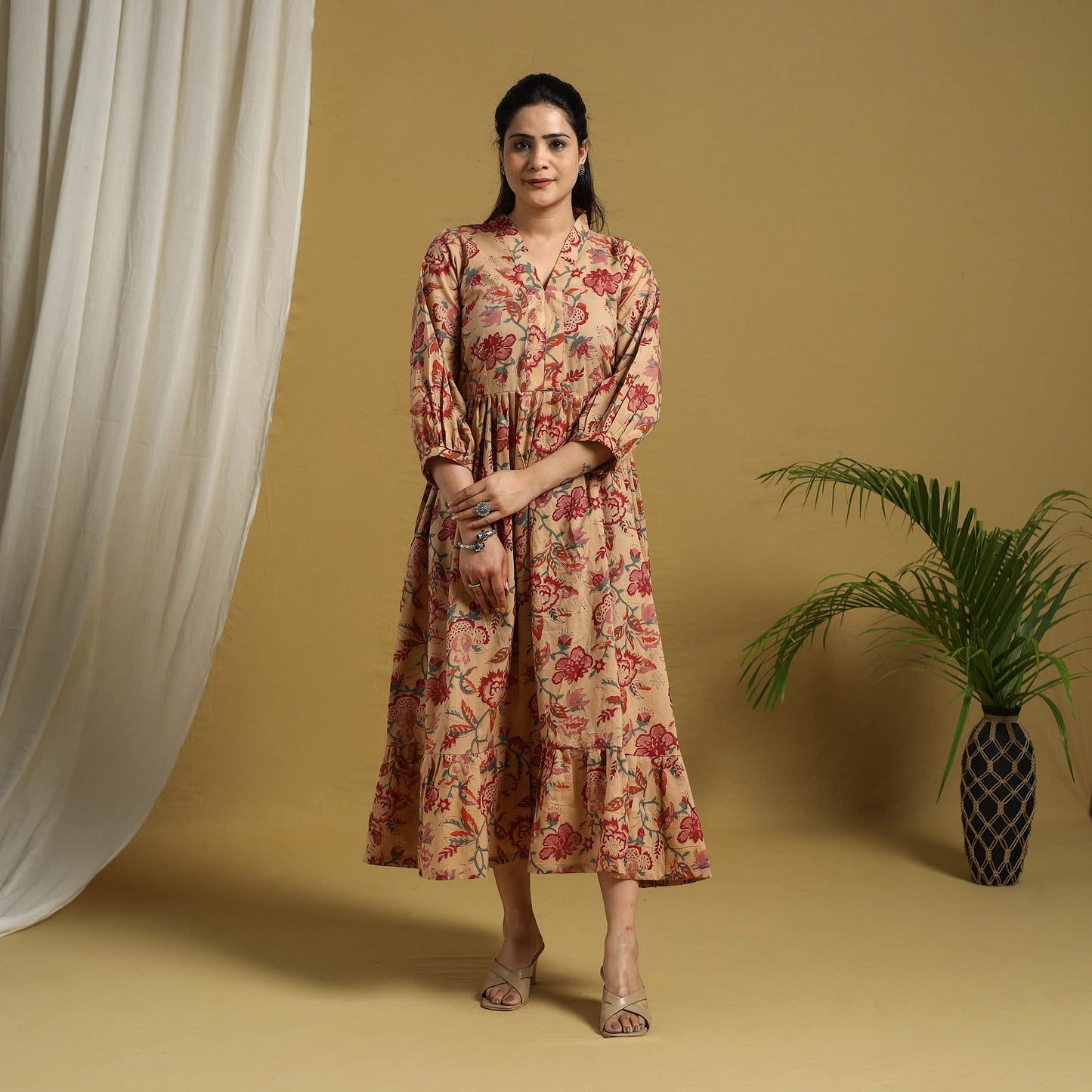 Beige Block Print Cotton Tiered Sanganeri Dress