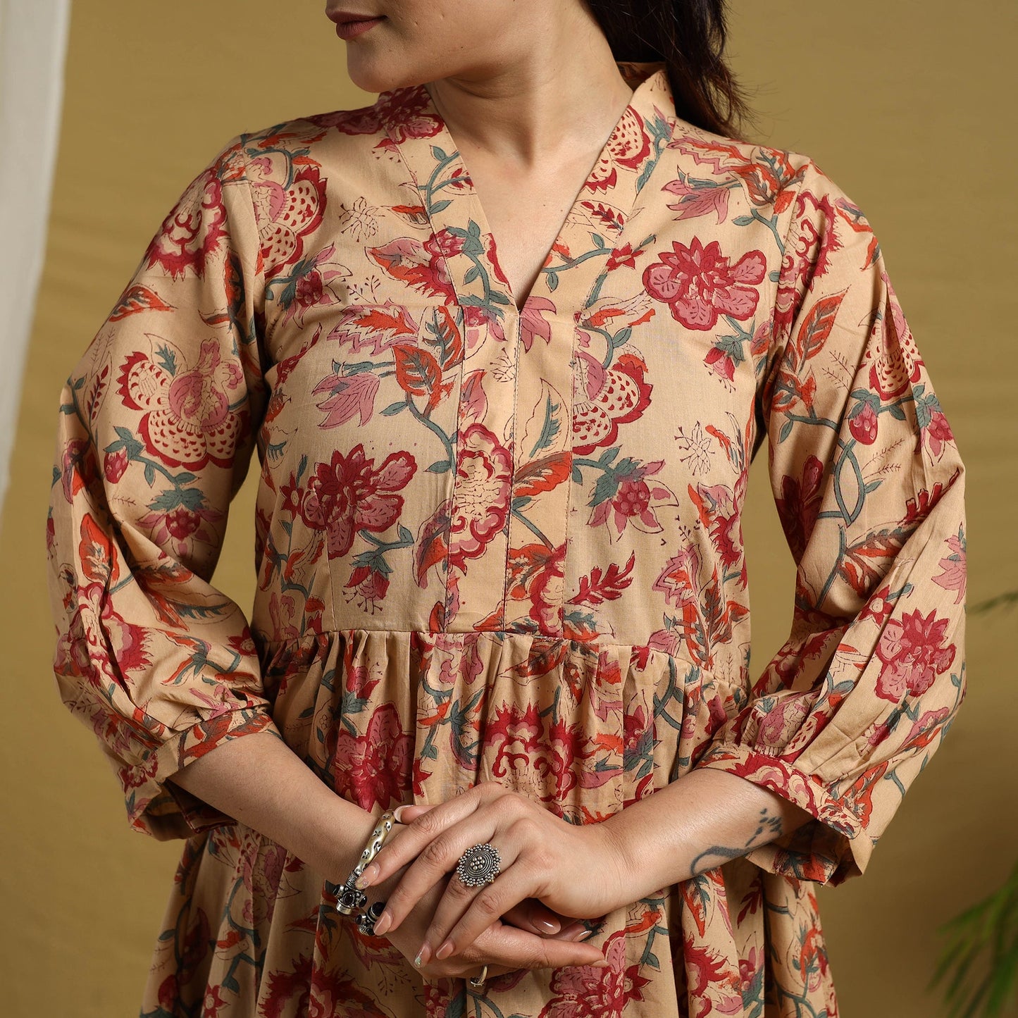 Beige Block Print Cotton Tiered Sanganeri Dress