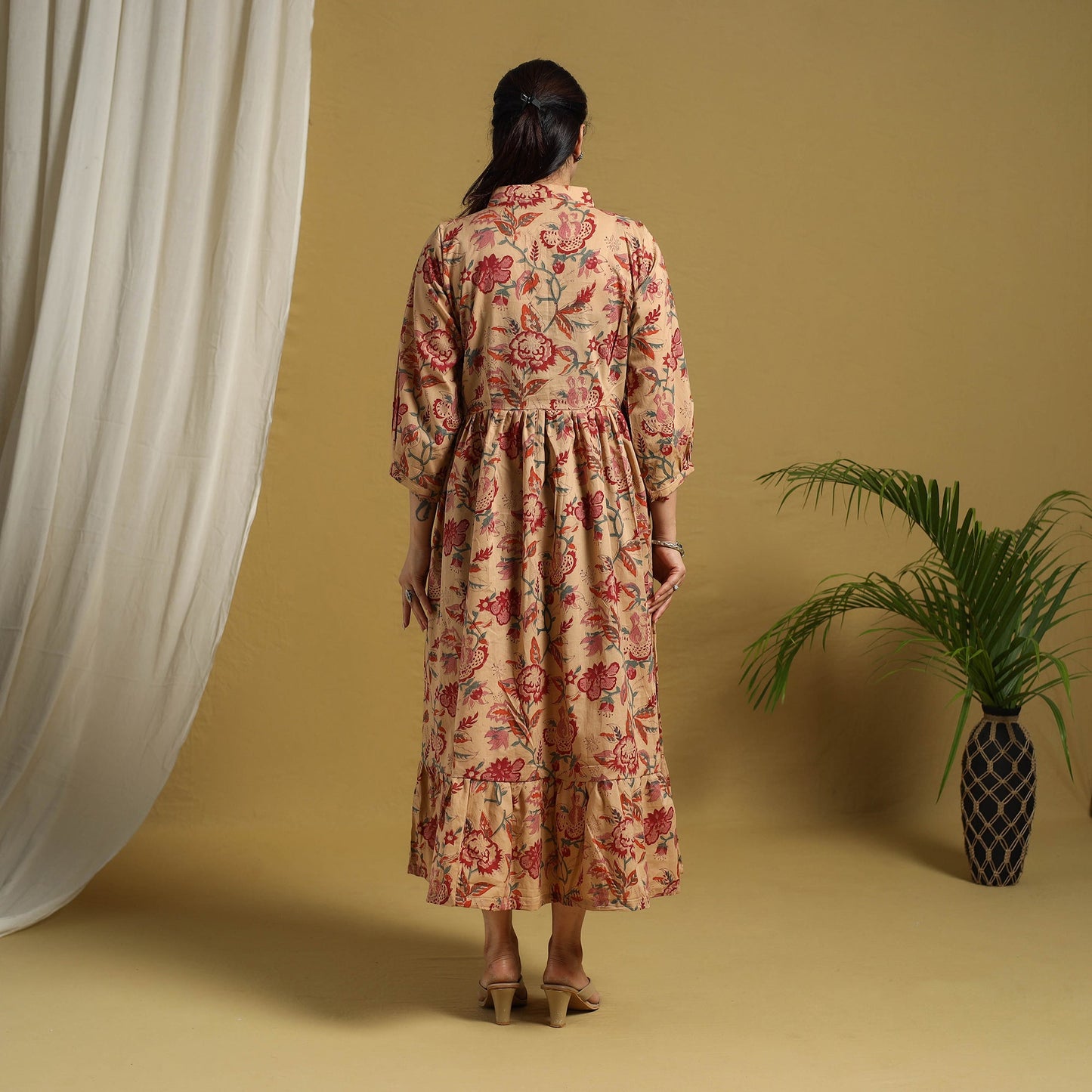 Beige Block Print Cotton Tiered Sanganeri Dress
