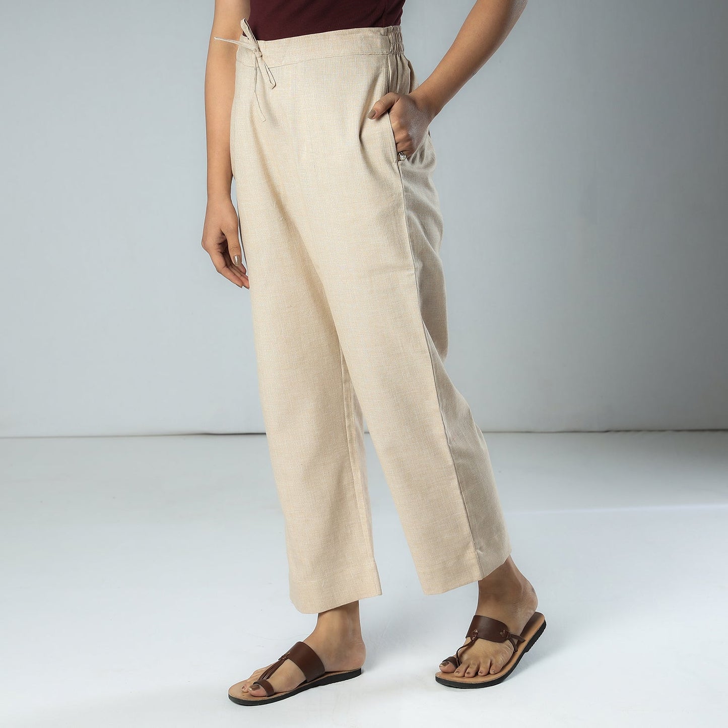Cream - texture plain dyed cotton relaxed fit pant