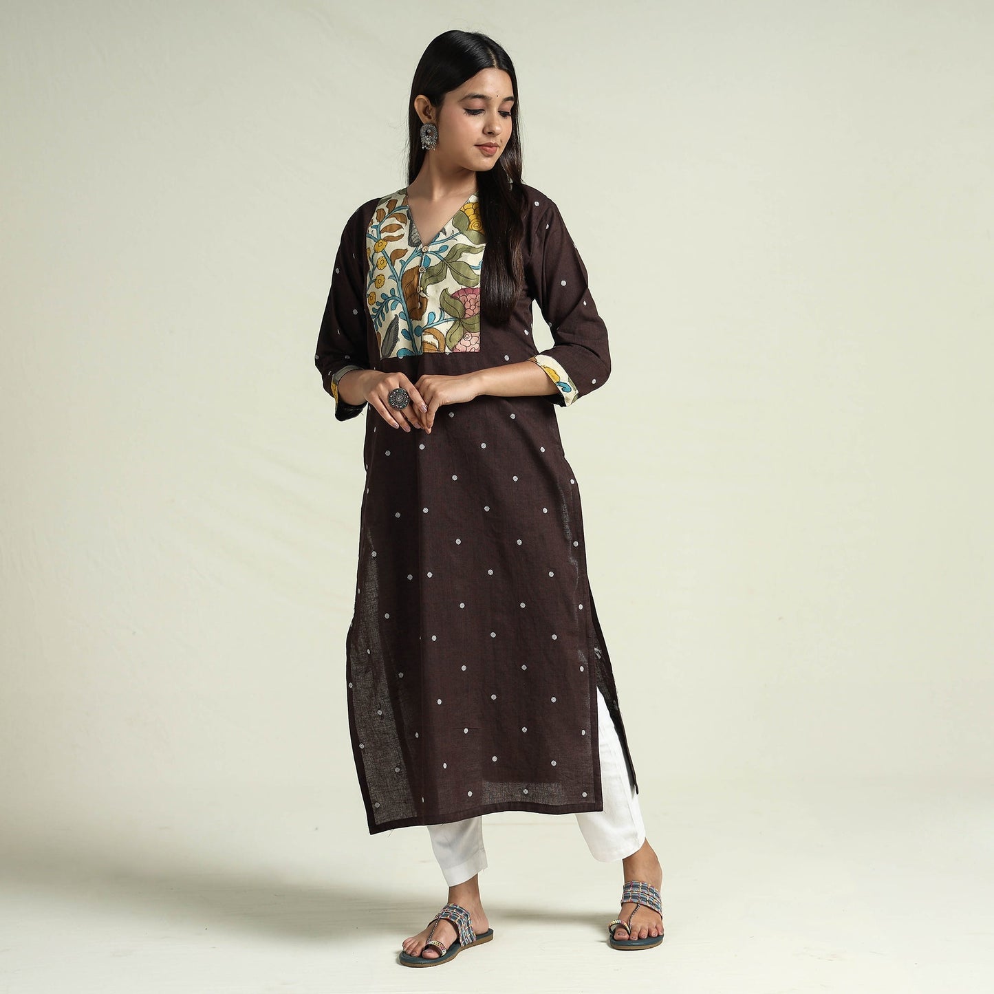 Dark brown - srikalahasti kalamkari patchwork jacquard