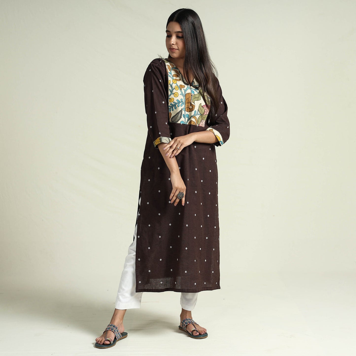 Dark brown - srikalahasti kalamkari patchwork jacquard