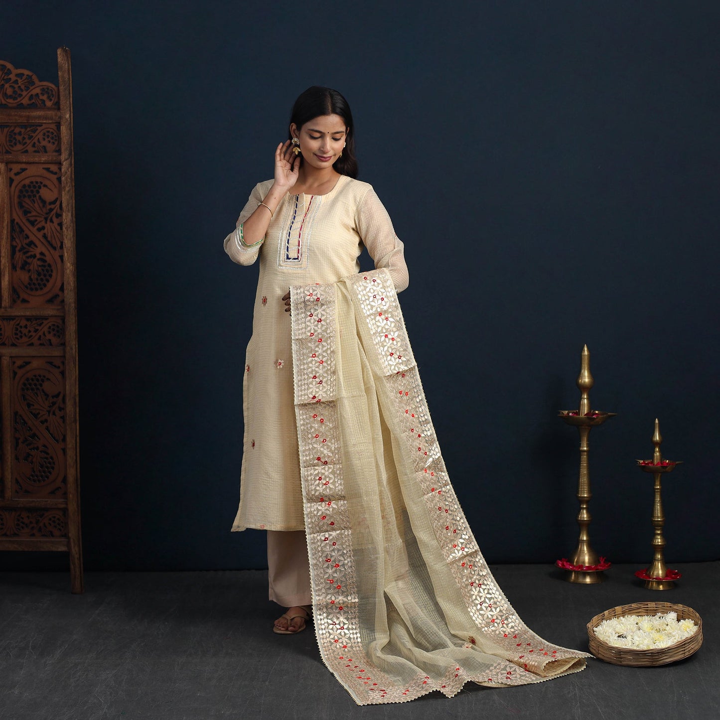 Beige Elegant Gota Work Silk Kota Doria Kurta Set Online