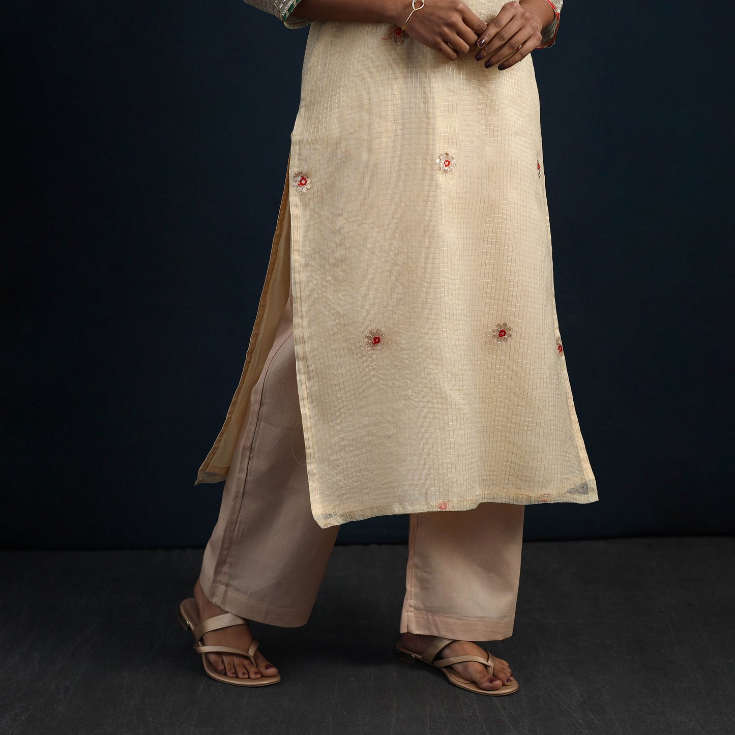 Beige Elegant Gota Work Silk Kota Doria Kurta Set Online