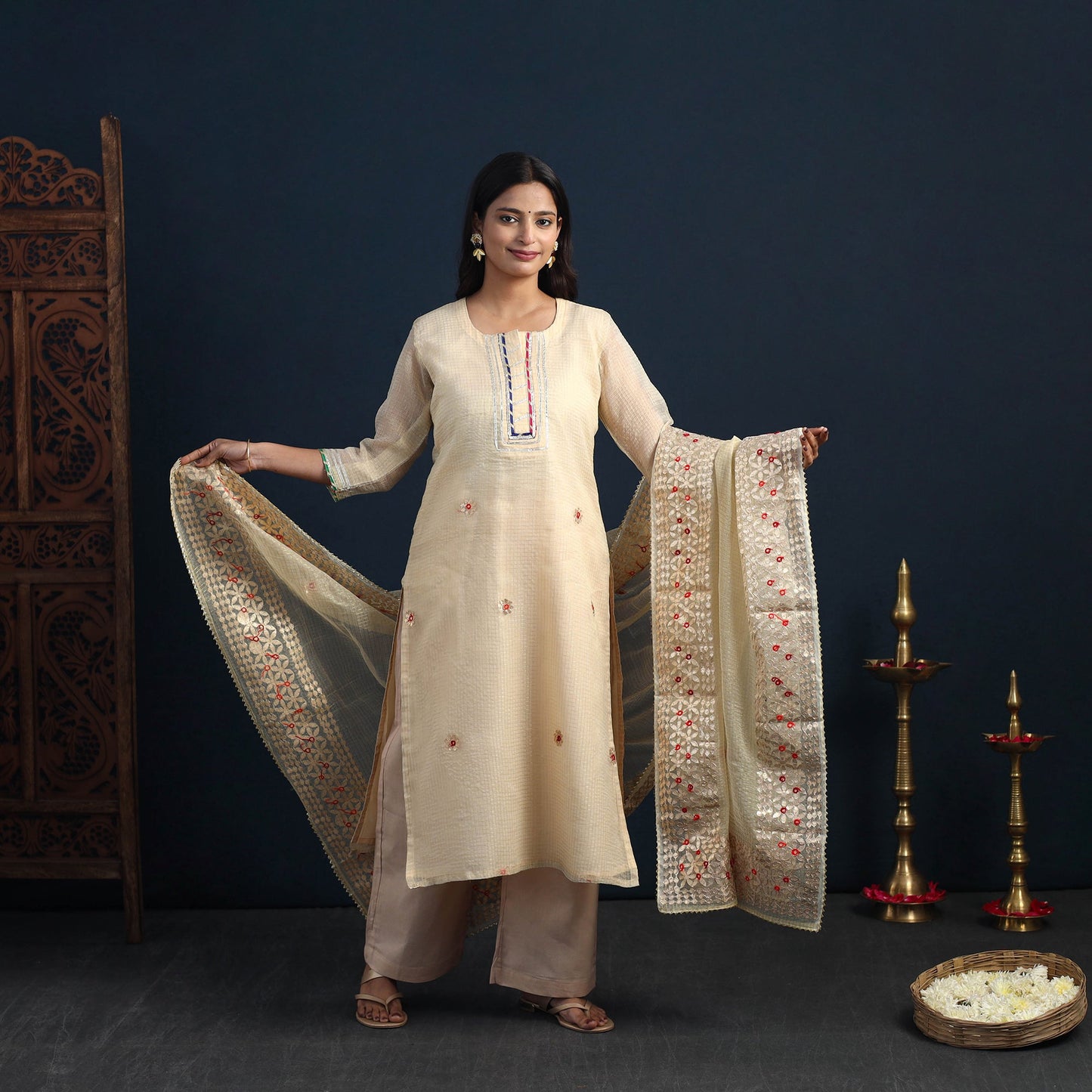 Beige Elegant Gota Work Silk Kota Doria Kurta Set Online