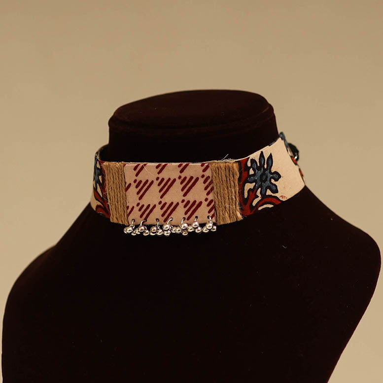 Beige - fabart jute choker necklace set with ghungroo work