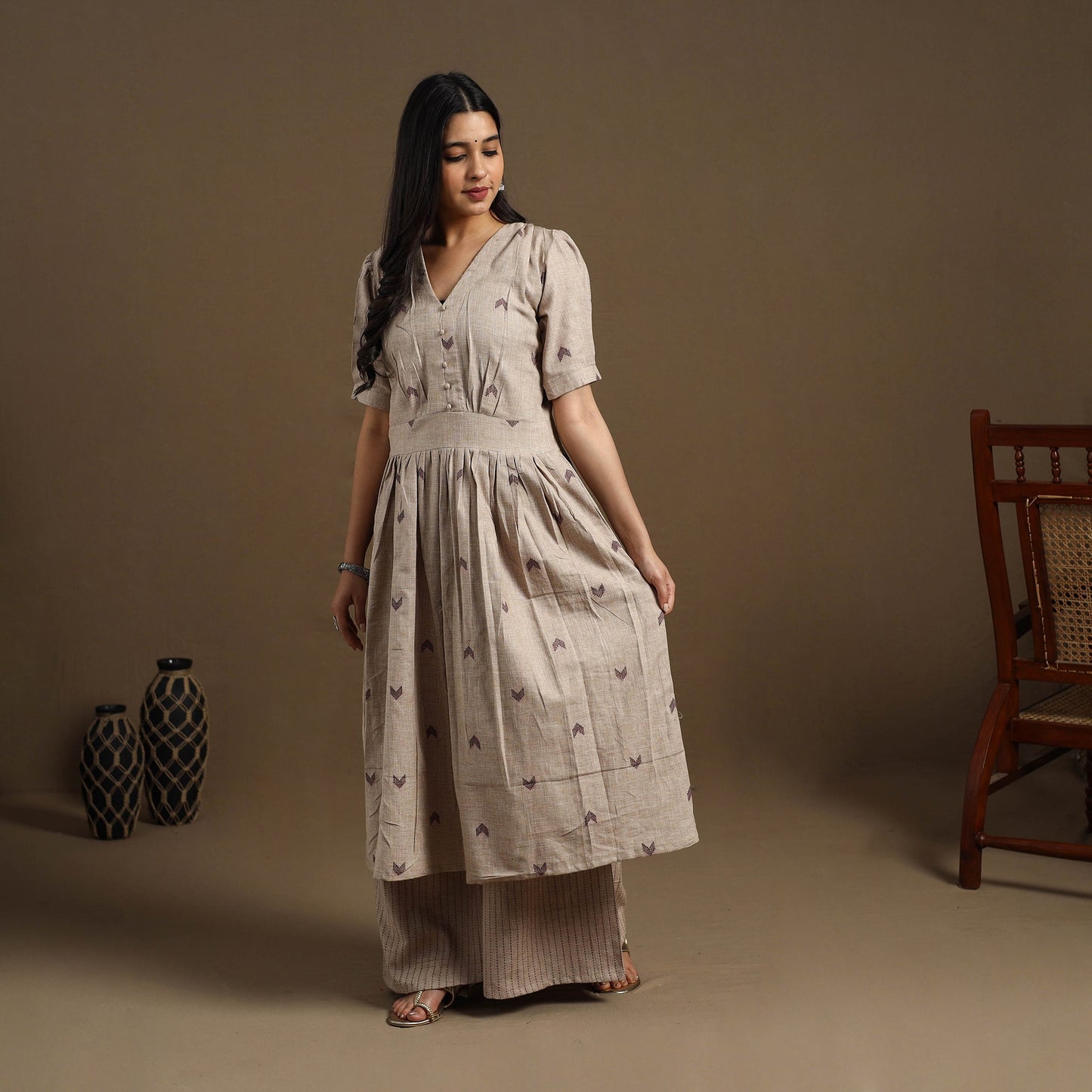 Flared Cotton Beige Jacquard Kurta with Palazzo Set