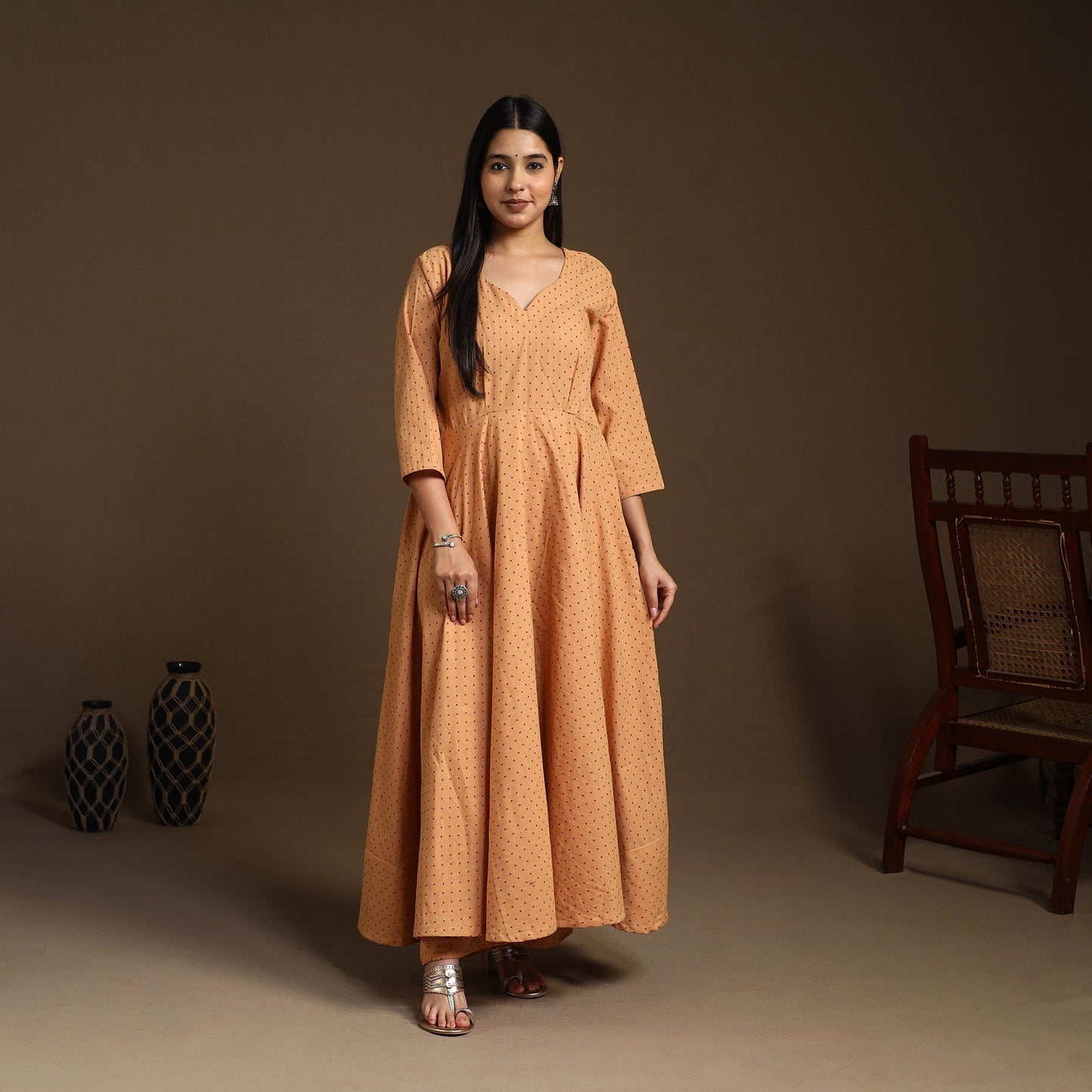 Light Brown Flared Cotton Jacquard Kurta with Palazzo Set