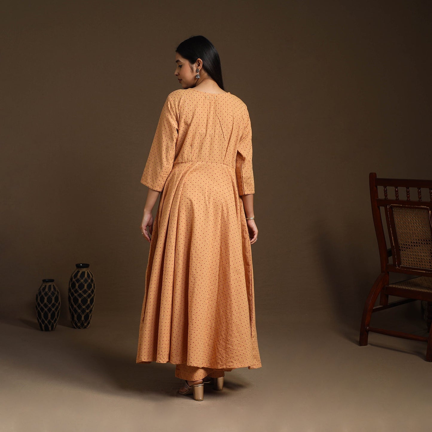 Light Brown Flared Cotton Jacquard Kurta with Palazzo Set