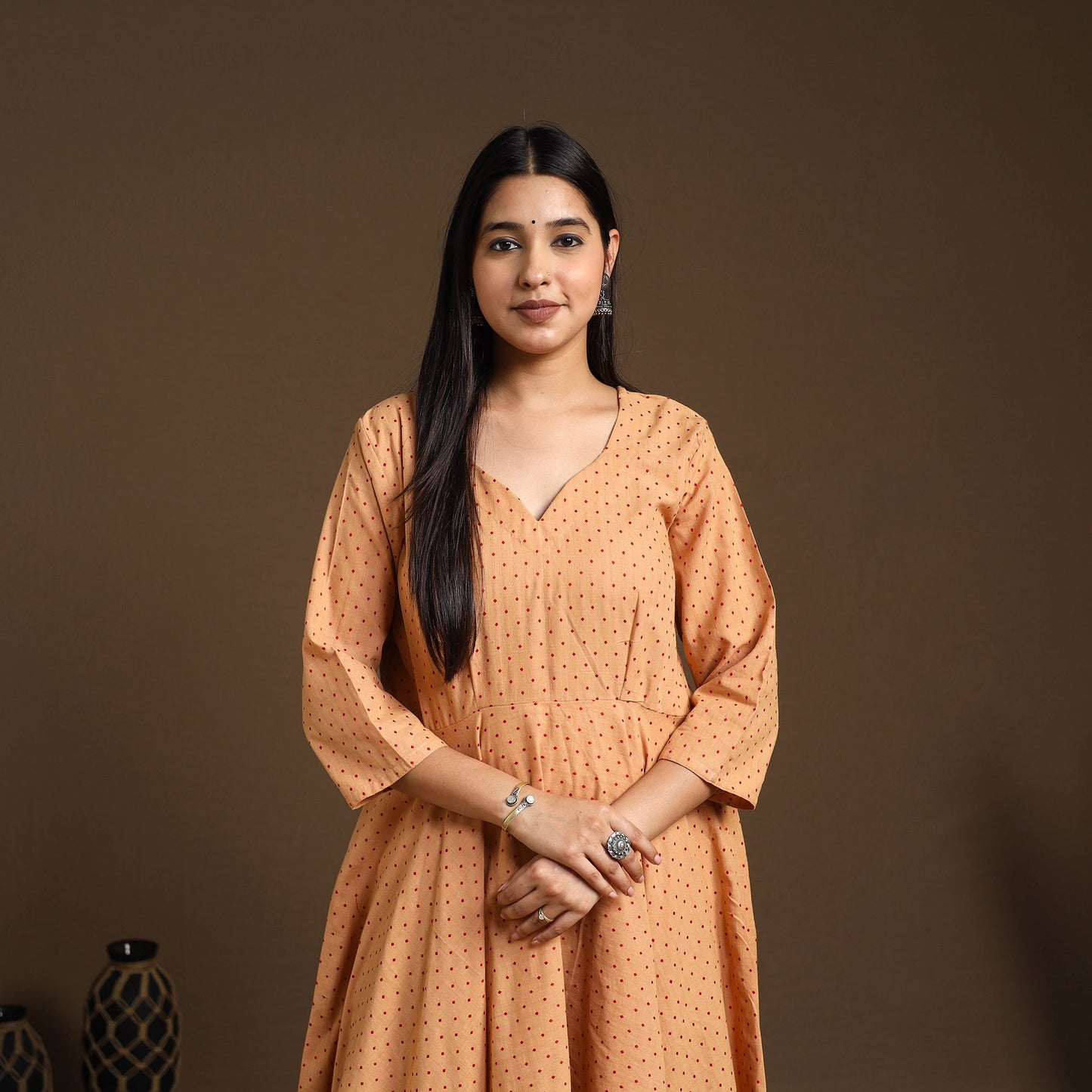 Light Brown Flared Cotton Jacquard Kurta with Palazzo Set