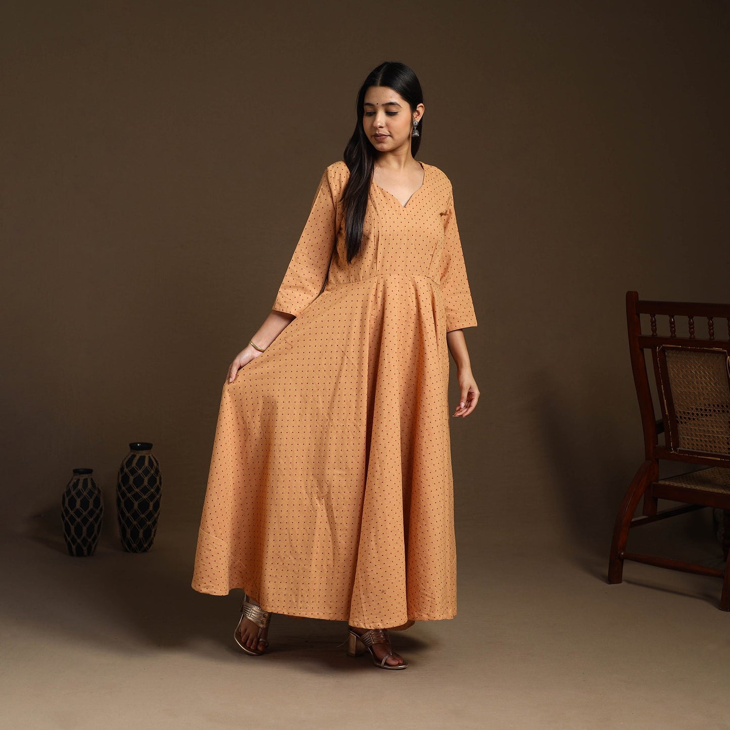 Light Brown Flared Cotton Jacquard Kurta with Palazzo Set