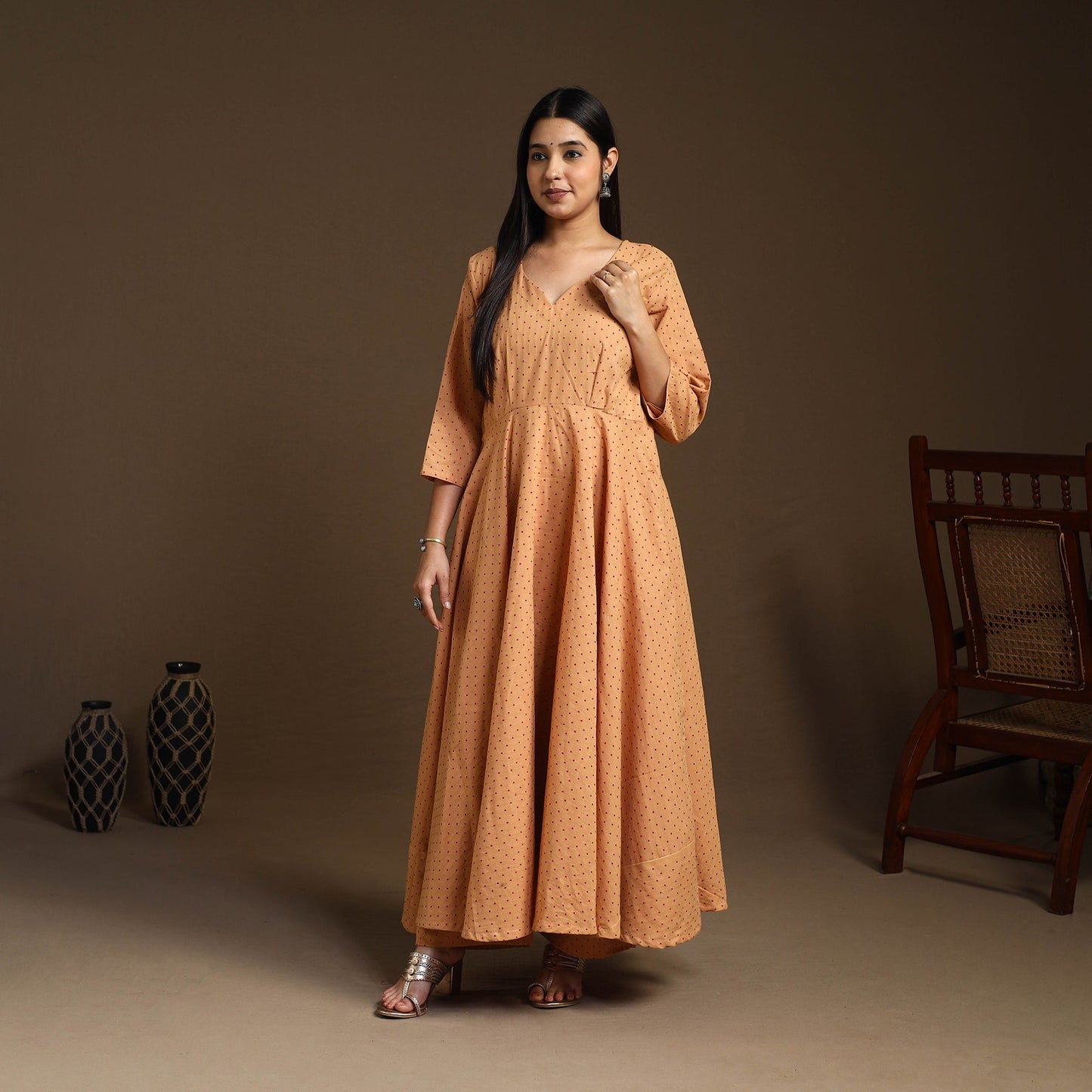Light Brown Flared Cotton Jacquard Kurta with Palazzo Set