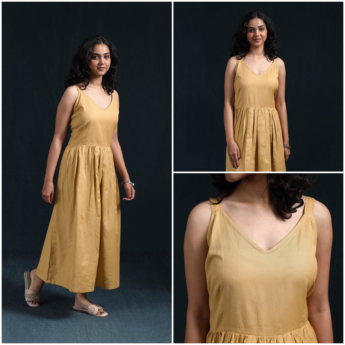 Beige - flex cotton tiered plain dress 01 - handcrafted