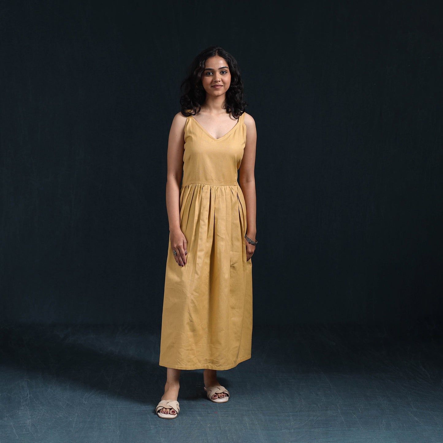 Beige - flex cotton tiered plain dress 01 - handcrafted