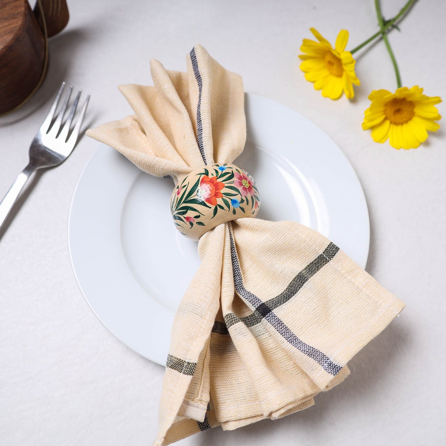 Floral Handpainted Wooden Beige Napkin Holder