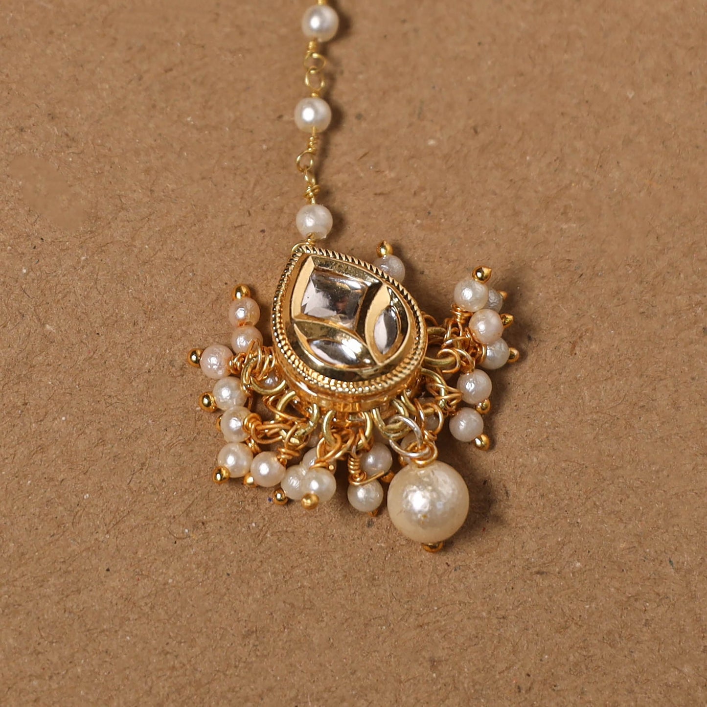 Gold-plated kundan studded & beaded maang tikka 01
