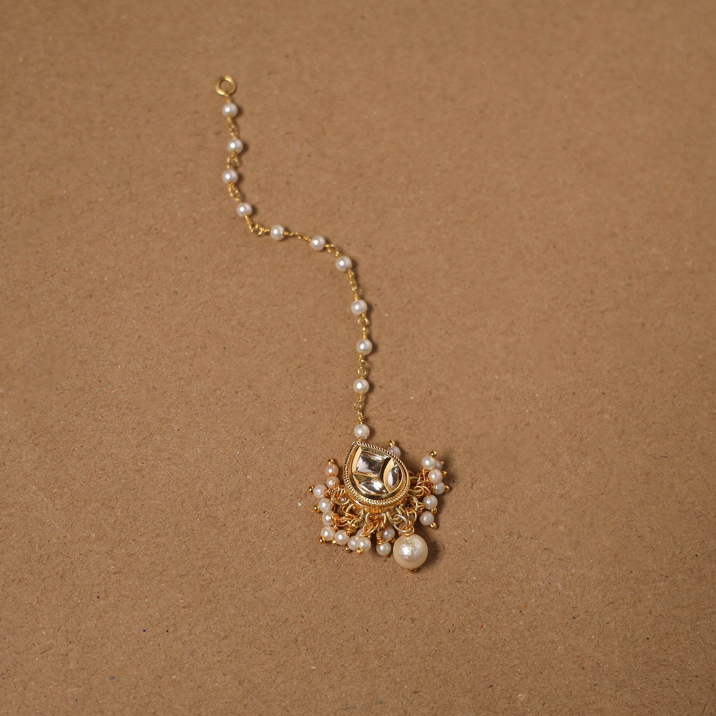 Gold-plated kundan studded & beaded maang tikka 01