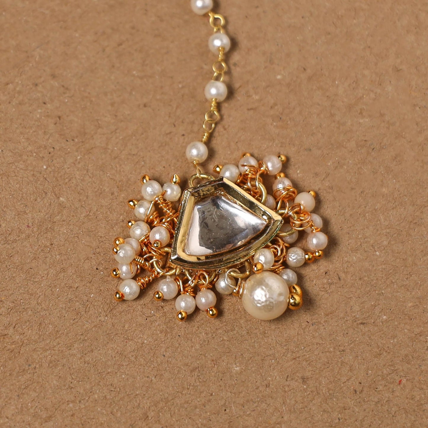 Gold-plated kundan studded & beaded maang tikka 02