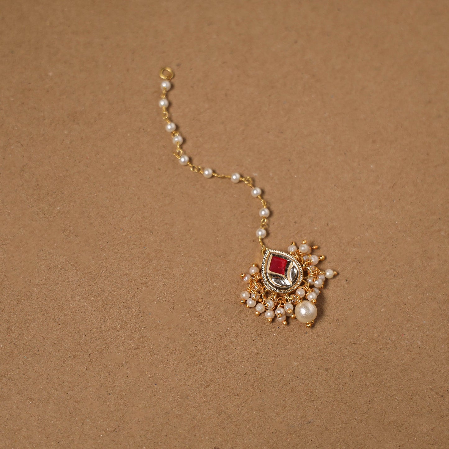 Gold-plated kundan studded & beaded maang tikka 04