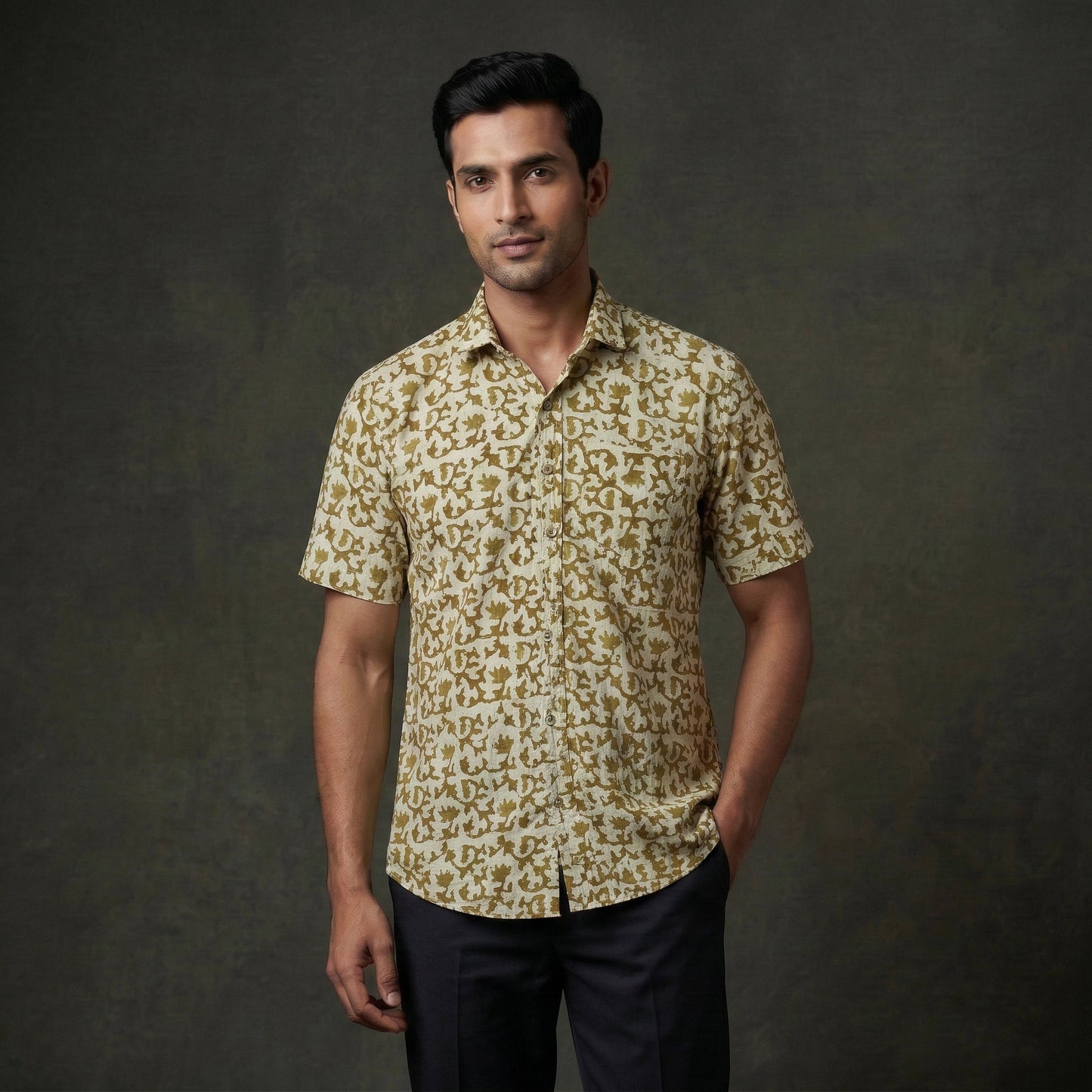 Half sleeve cotton men hand block batik print shirt 05
