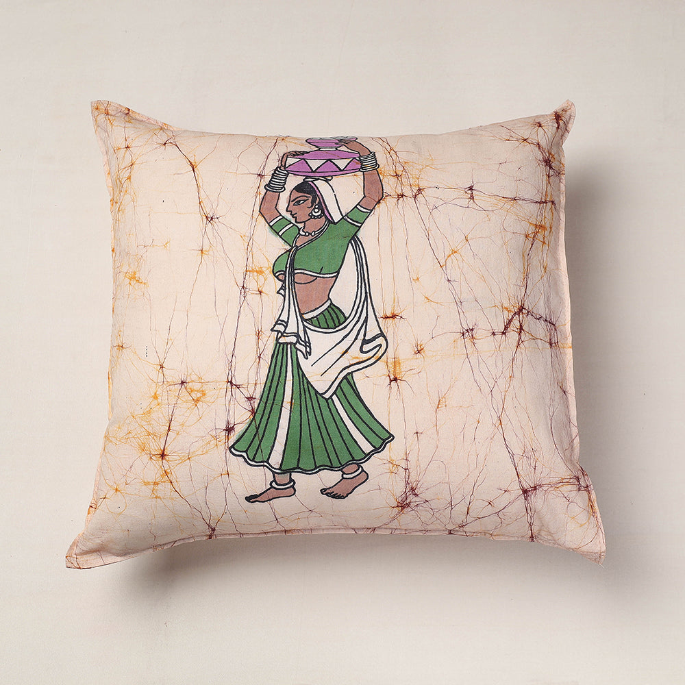 Beige Hand Batik Printed Cotton Cushion Cover