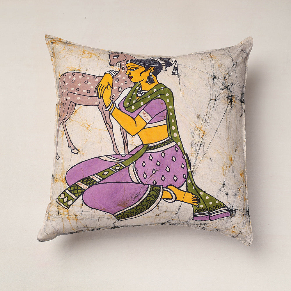 Beige Hand Batik Printed Cotton Cushion Cover