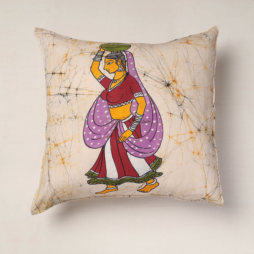 Beige Hand Batik Printed Cotton Cushion Cover