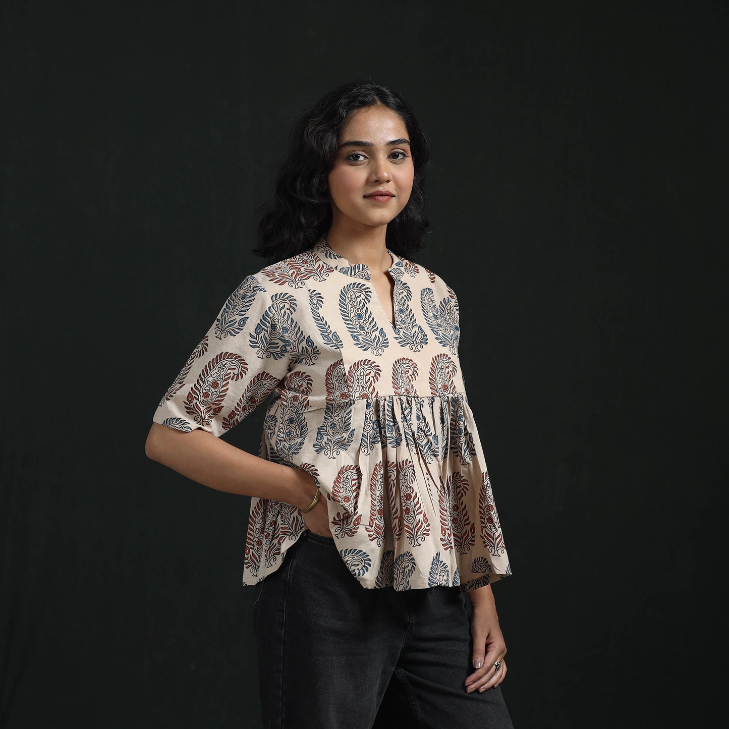 Hand block print cotton natural dyed ajrakh crop top 05