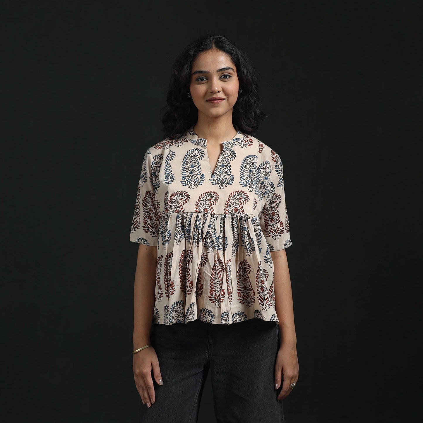Hand block print cotton natural dyed ajrakh crop top 05