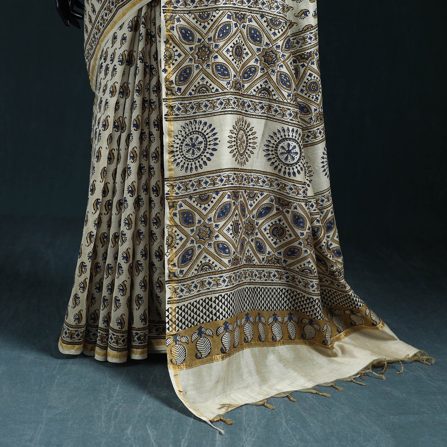 Hand block print natural dyed chanderi silk ajrakh saree 12