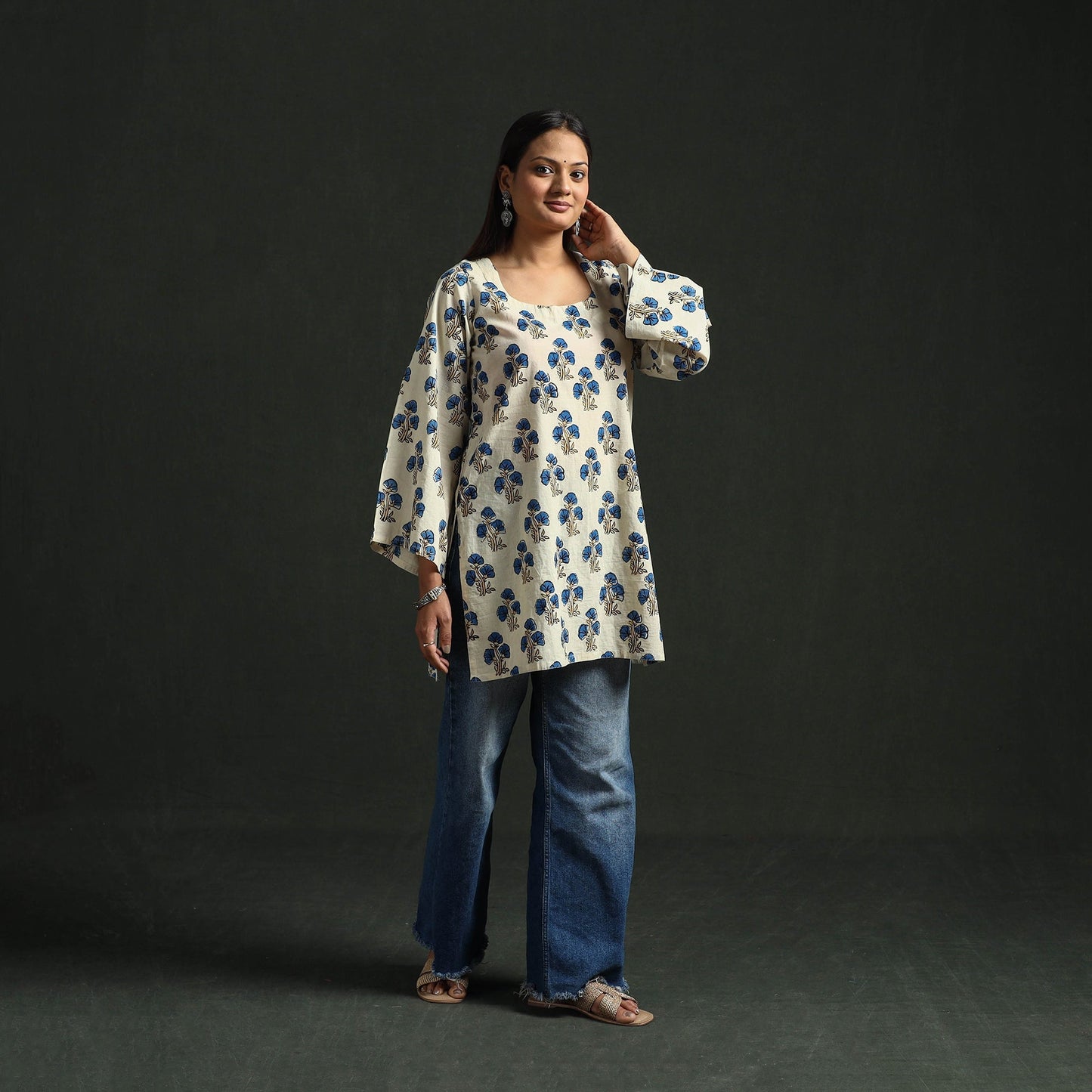 Hand block print natural dyed cotton short ajrakh kurta