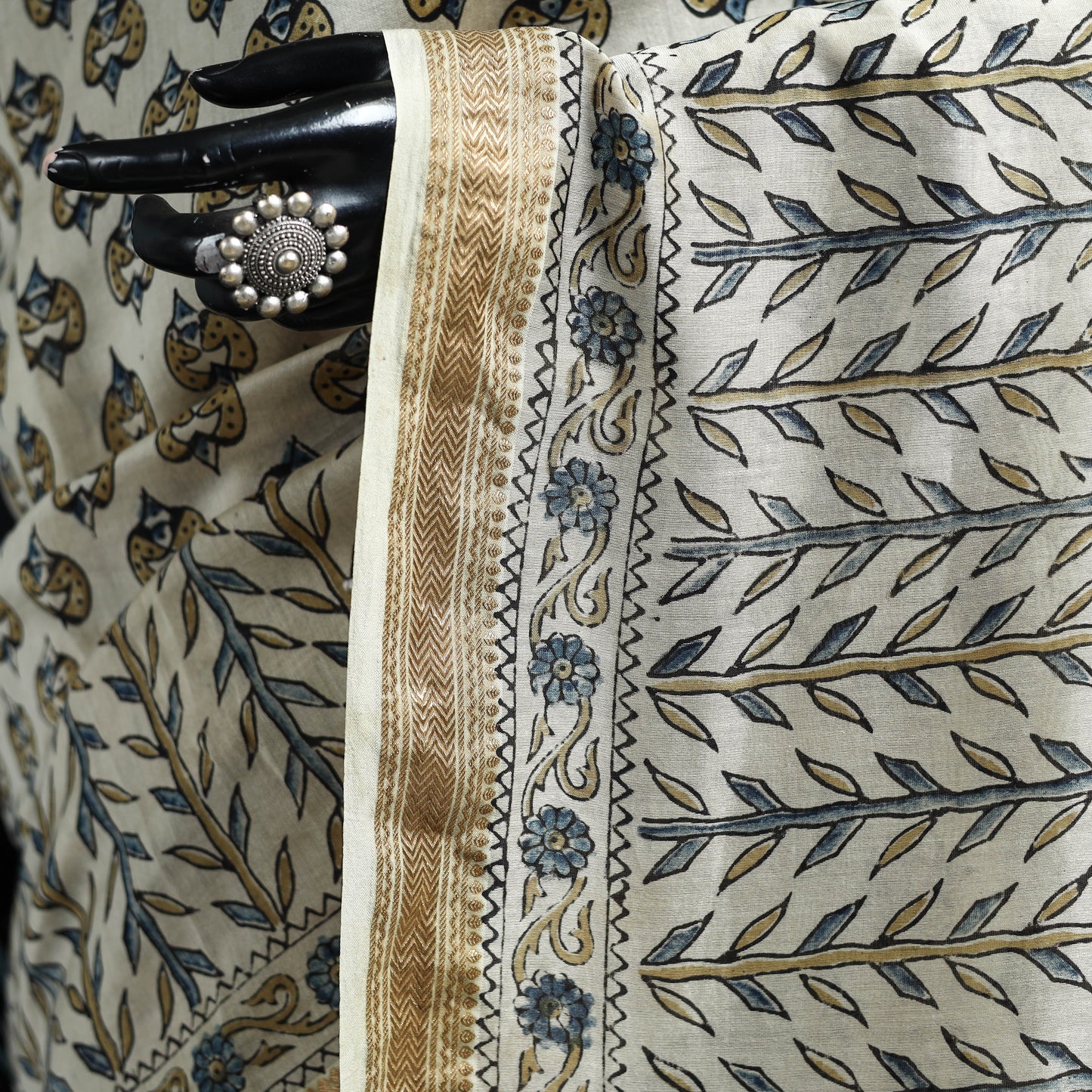 Hand block print natural dyed maheshwari silk ajrakh saree