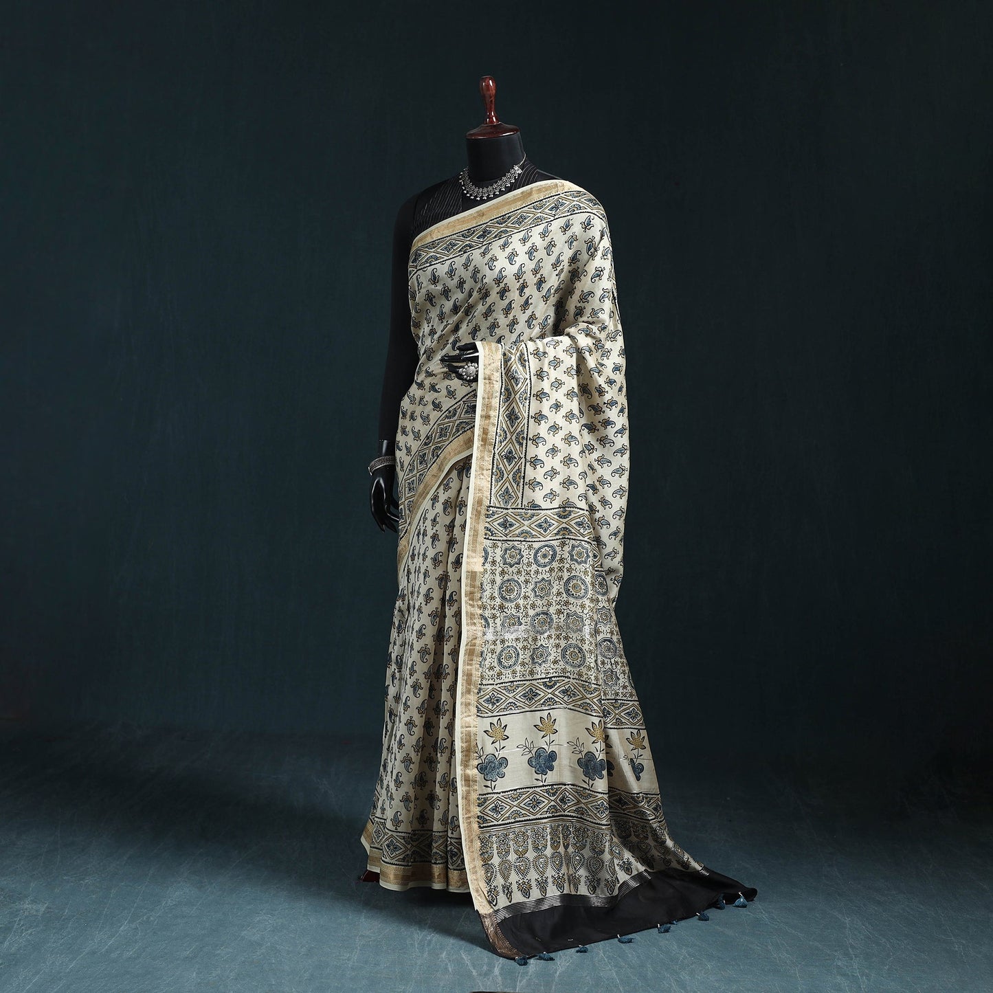 Hand block print natural dyed maheshwari silk ajrakh saree