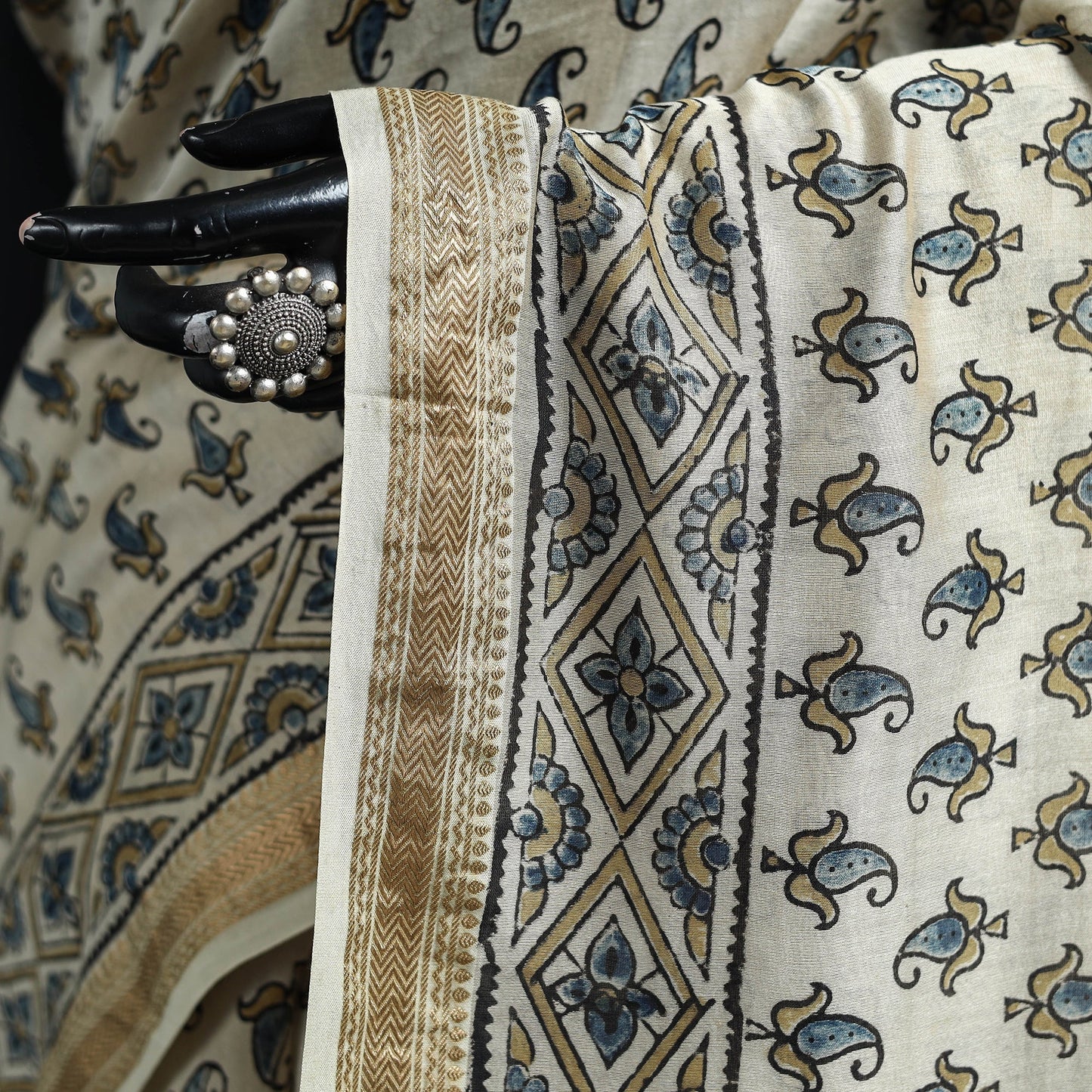 Hand block print natural dyed maheshwari silk ajrakh saree