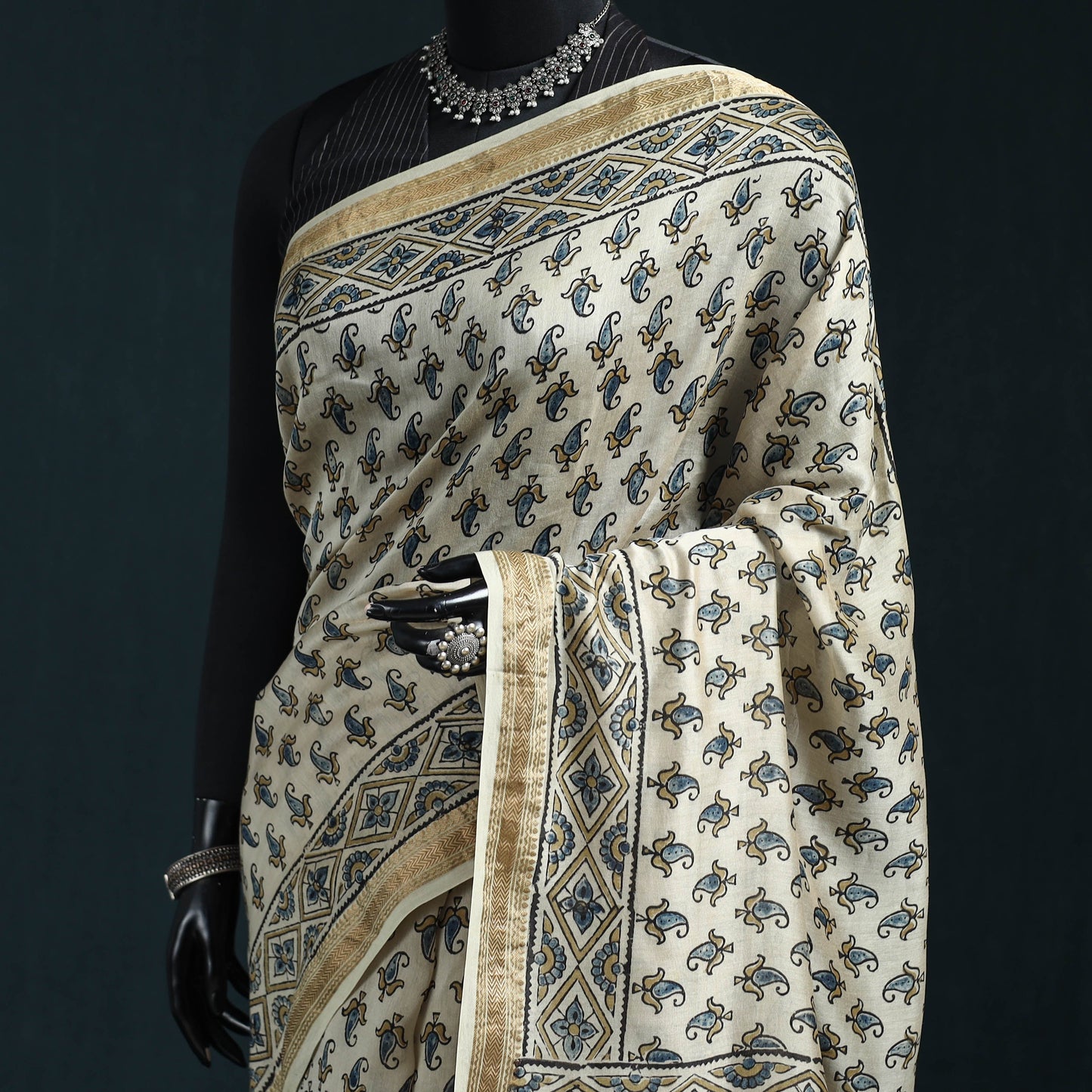 Hand block print natural dyed maheshwari silk ajrakh saree