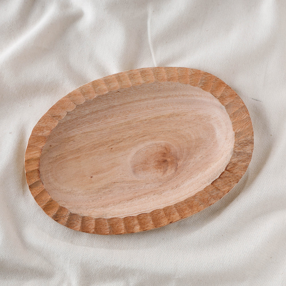 Beige Handcarved Natural Neem Wooden Plate