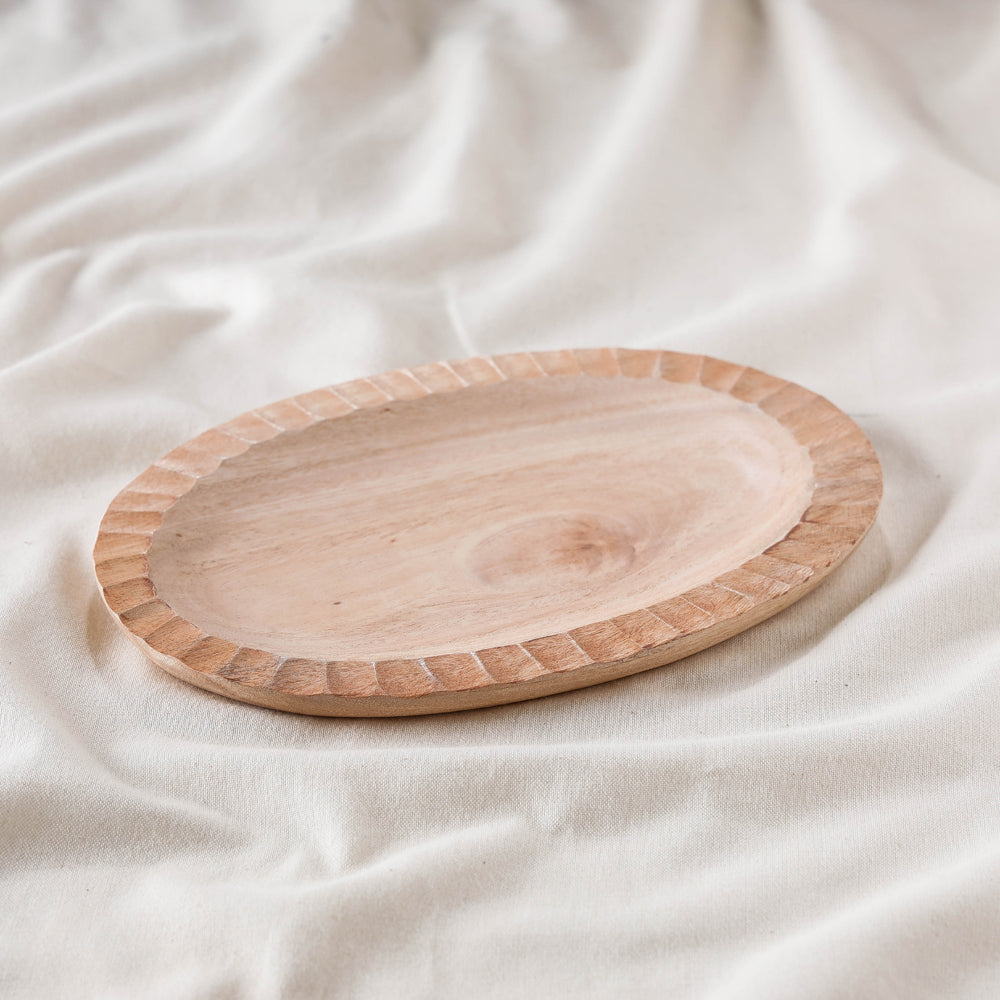 Beige Handcarved Natural Neem Wooden Plate
