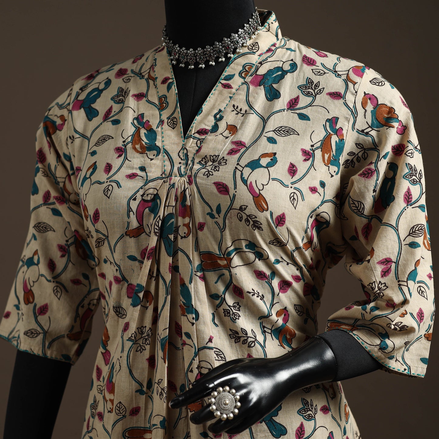 Hand embroidered printed cotton a-line kalamkari kurta